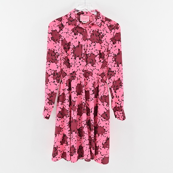 KATE SPADE Bubble Dot Smocked Shirt Dress Size 2 Pink Long Sleeve Retro Preppy - Picture 2 of 13